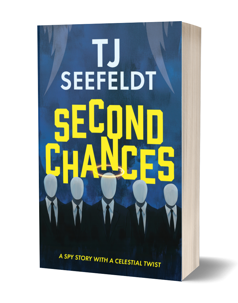 A mockup of the book, Second Chances by TJ Seefeldt, featuring a painting of five faceless figures in suits. The central figure has a glowing halo.
